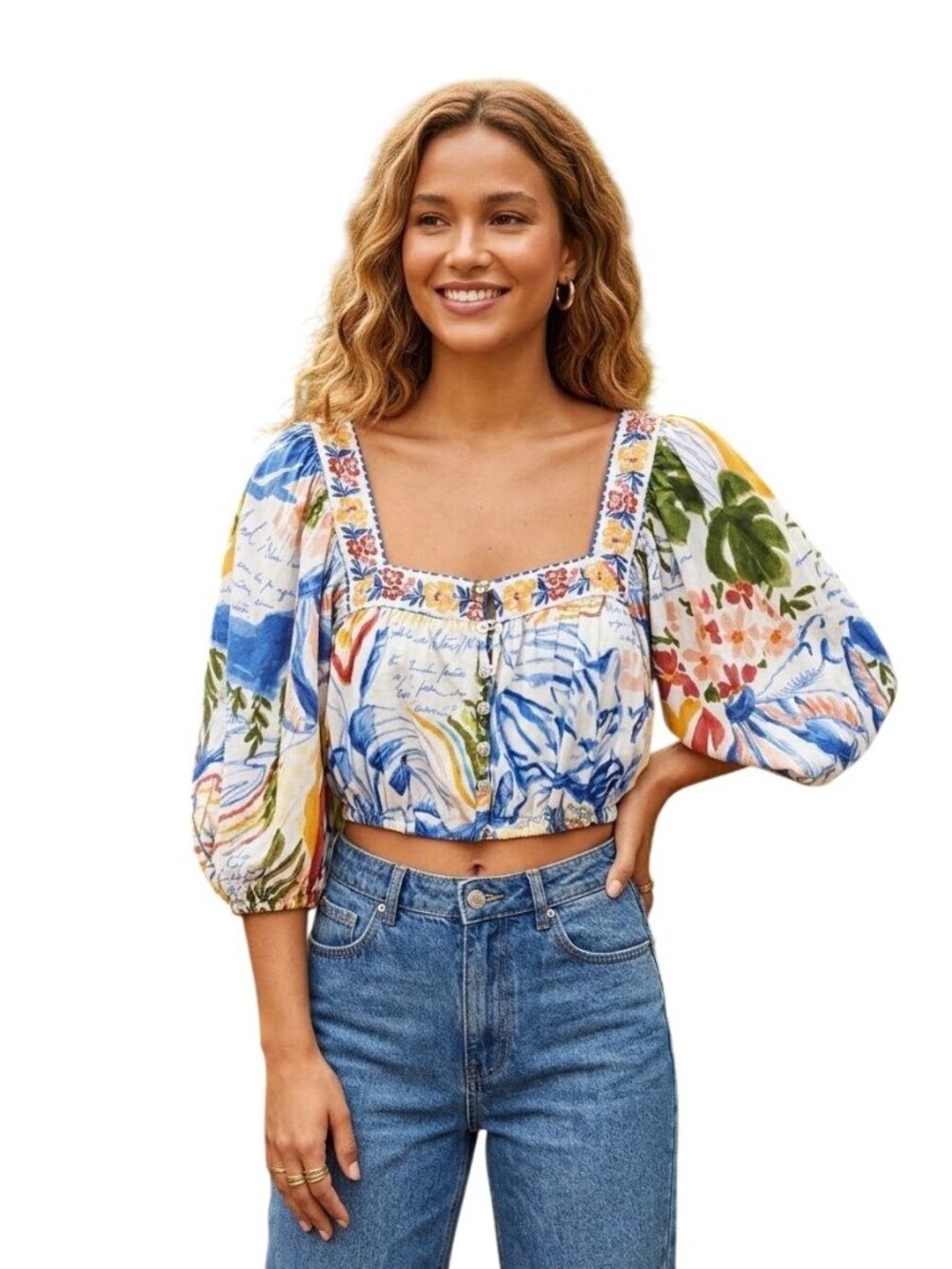 Farm Rio Floral Tropical Puff Sleeve Square Neck Crop Top Colorful Size L
